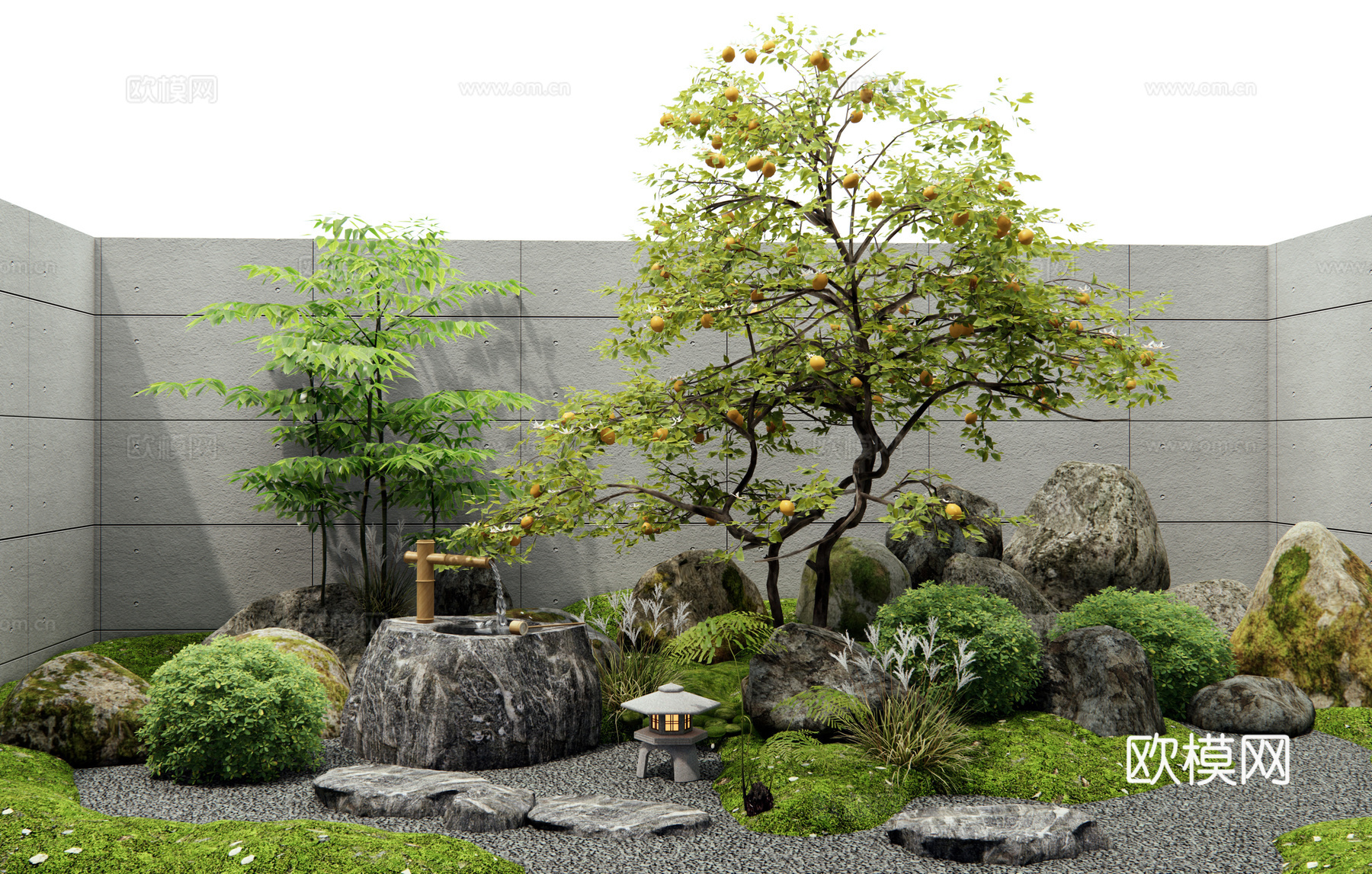 现代庭院小品 枯山水庭院景观 果树 柠檬树 植物景观 石头su模型