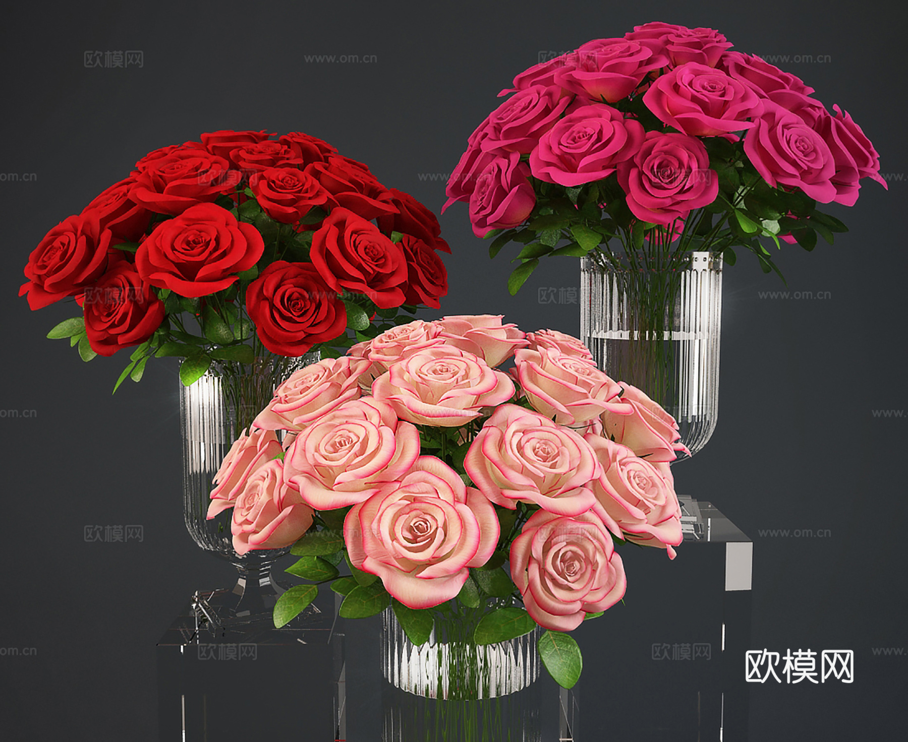 现代花瓶花艺  玻璃插花组合3d模型