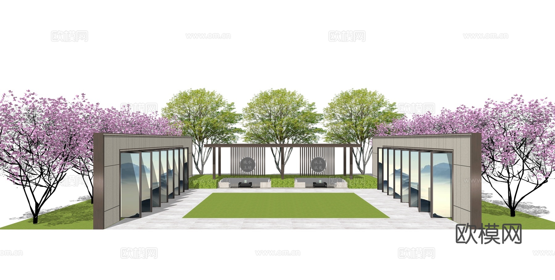 新中式庭院景观su模型下载