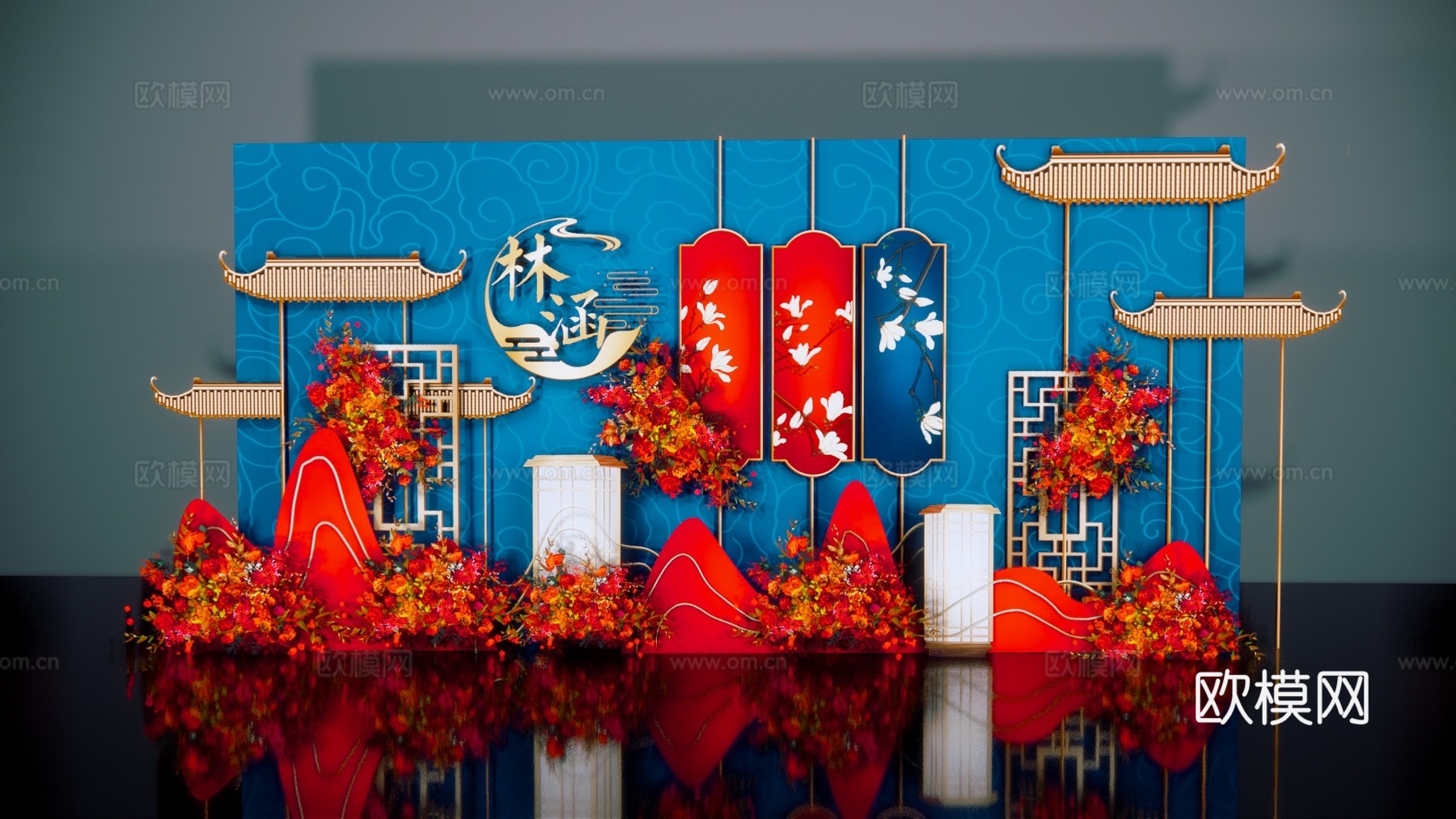 新中式婚礼背景墙su模型下载