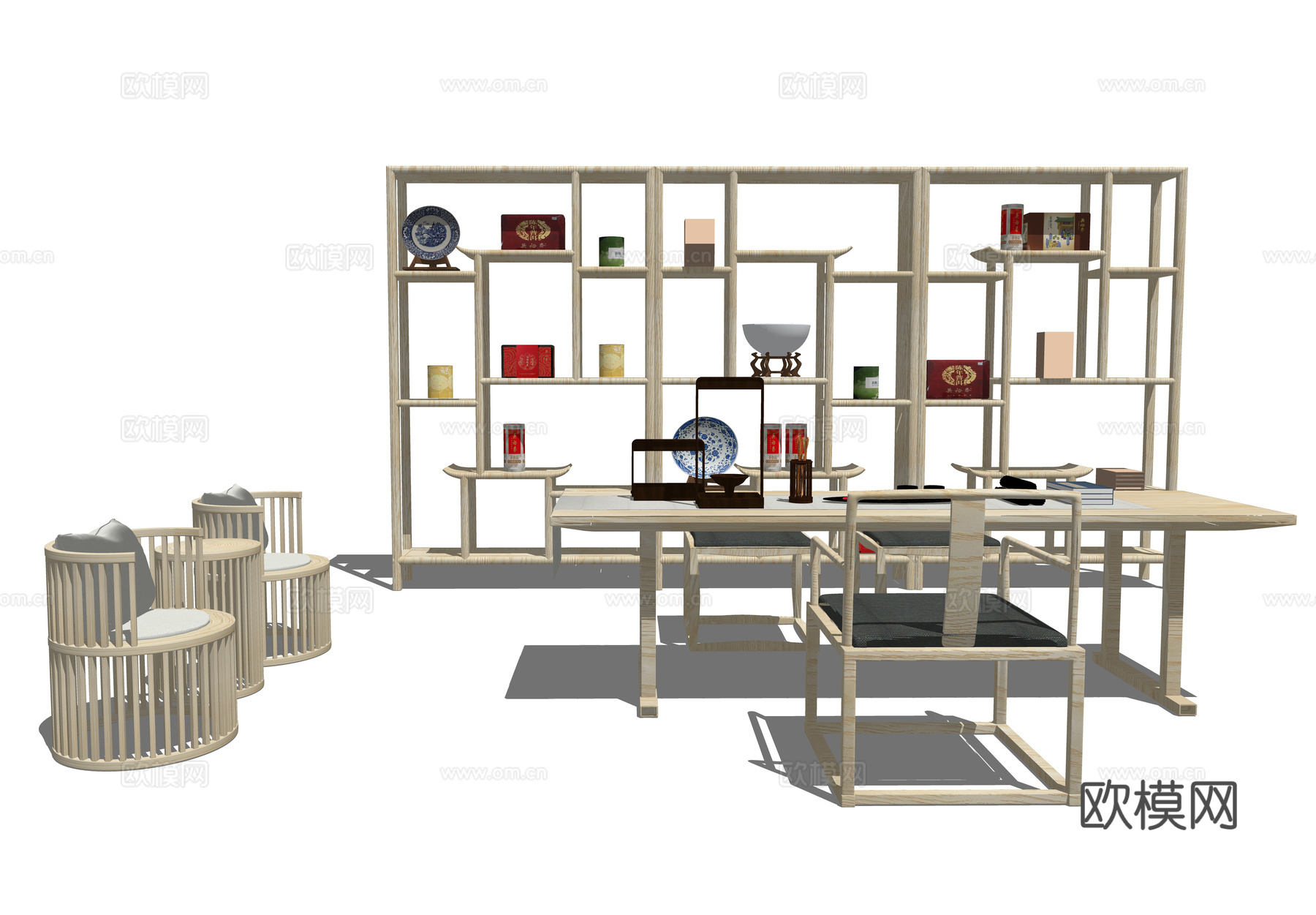 新中式实木茶桌椅su模型下载下载（渲染图1）