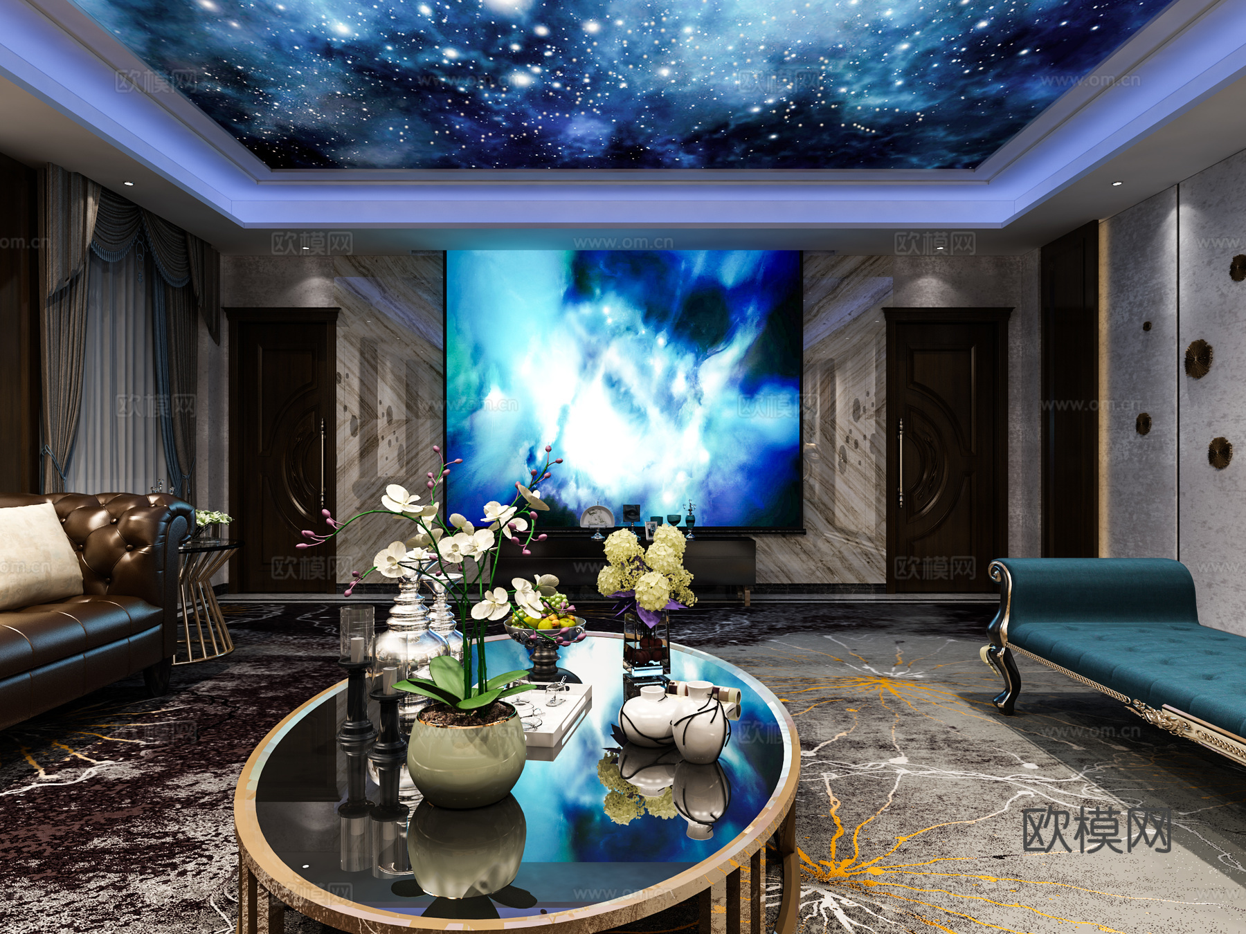 简欧影音室沙发茶几吊顶地毯3d模型