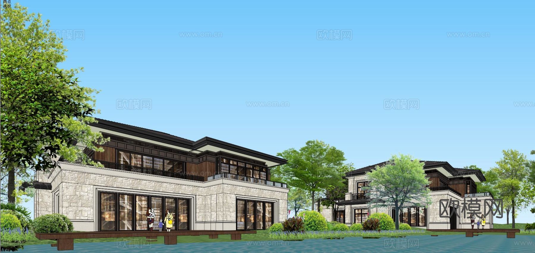 新中式度假酒店su模型下载