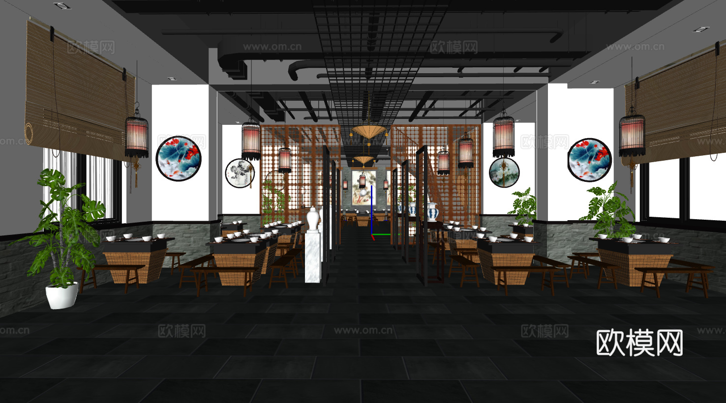 新中式中餐厅su模型下载