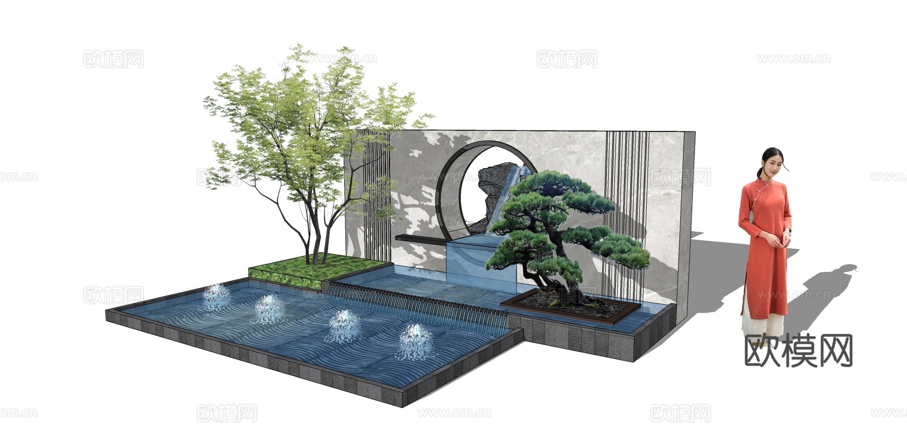 新中式假山水池景观小品su模型下载
