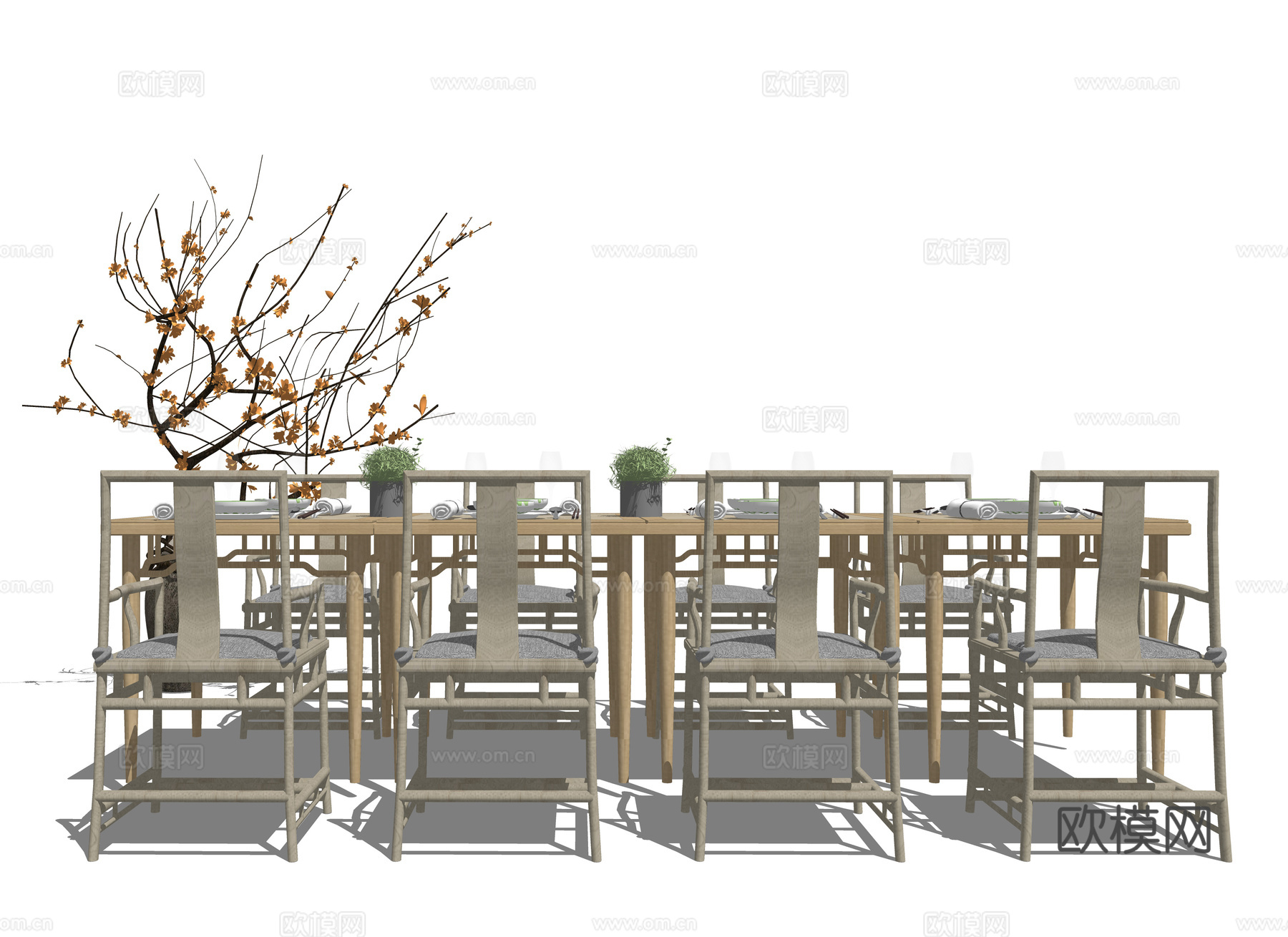 新中式实木餐桌椅su模型下载