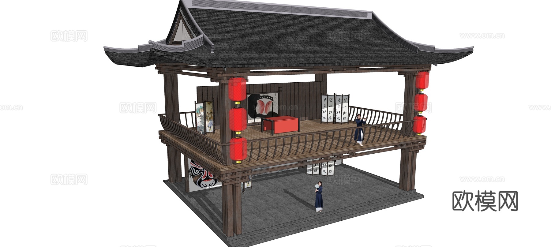 新中式古建戏台su模型下载