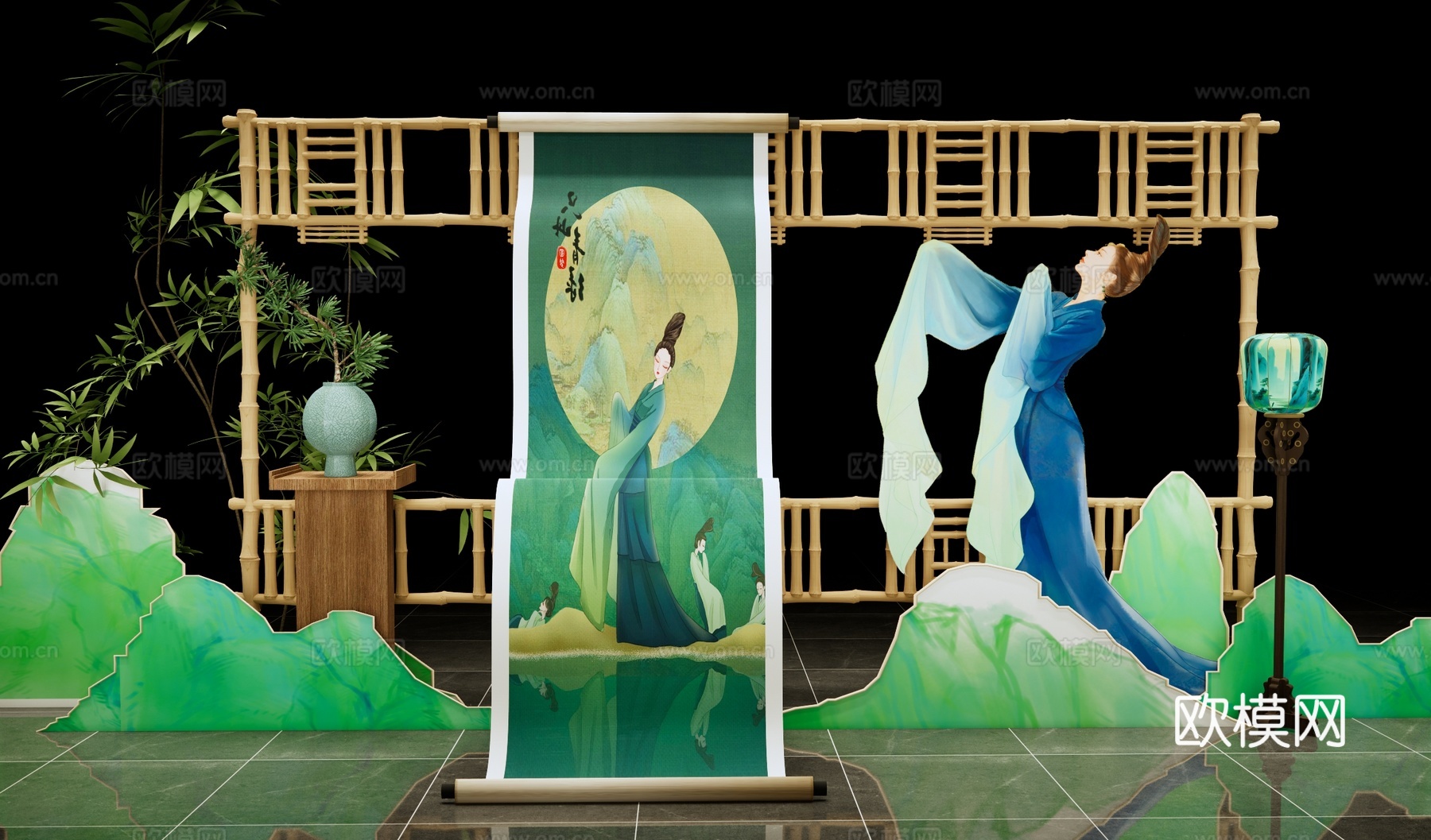 新中式美陈 只此青绿美陈布置 国潮古风美陈 国风舞台美陈展览su模型