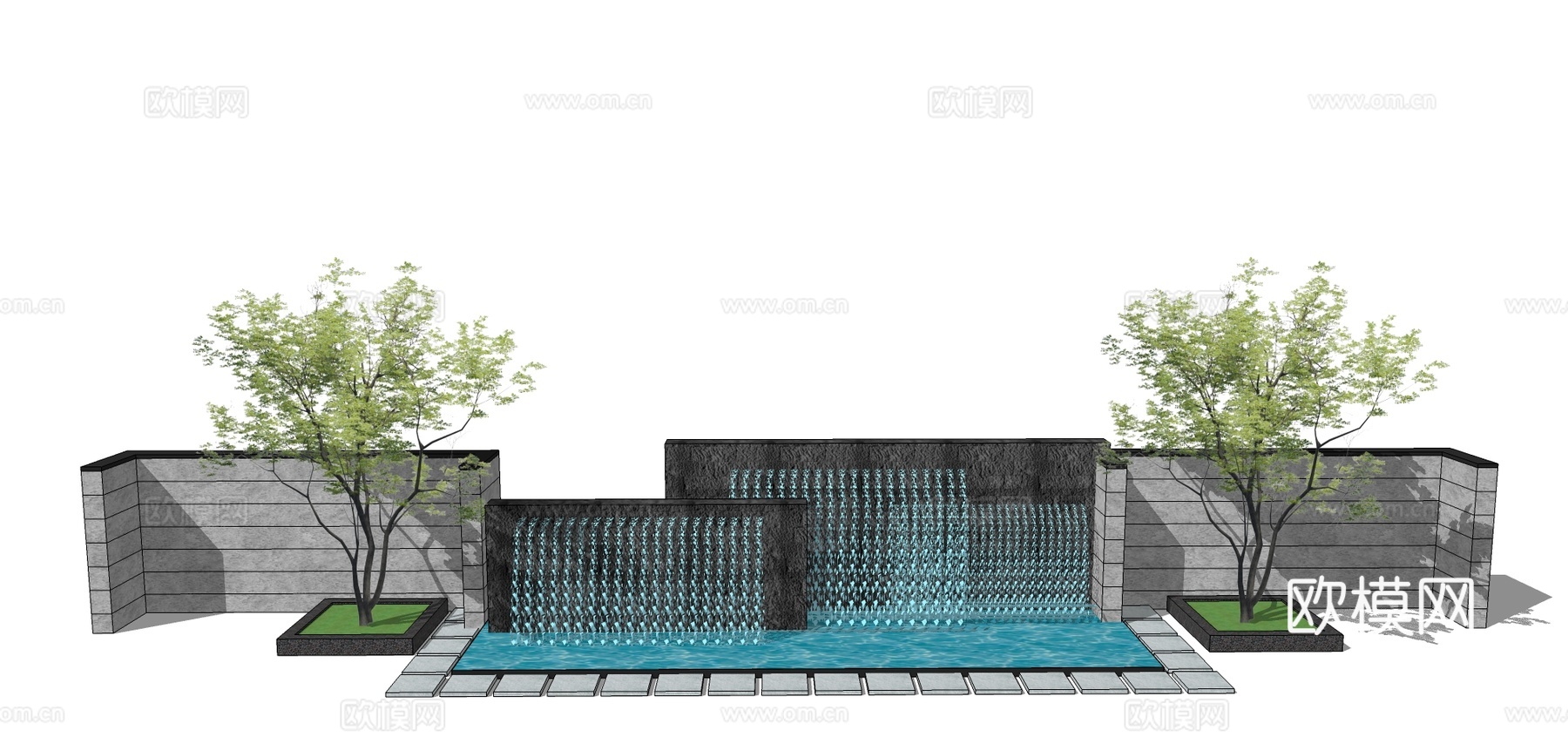 现代水池景观墙su模型下载