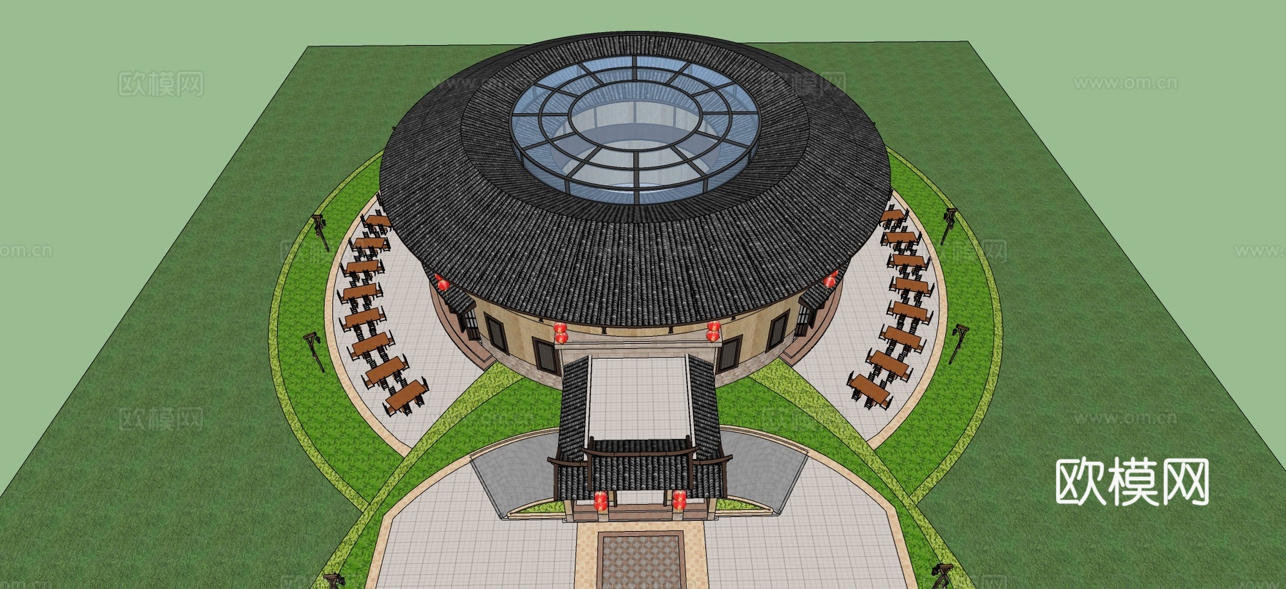 新中式土楼建筑su模型下载