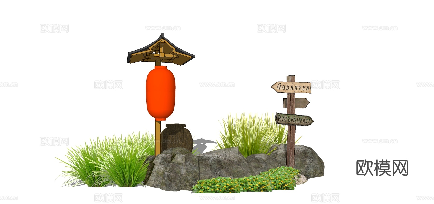 日式指示牌花钵绿植景观小品su模型下载