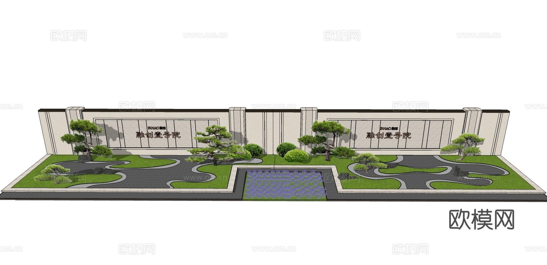 新中式山水景观墙su模型下载