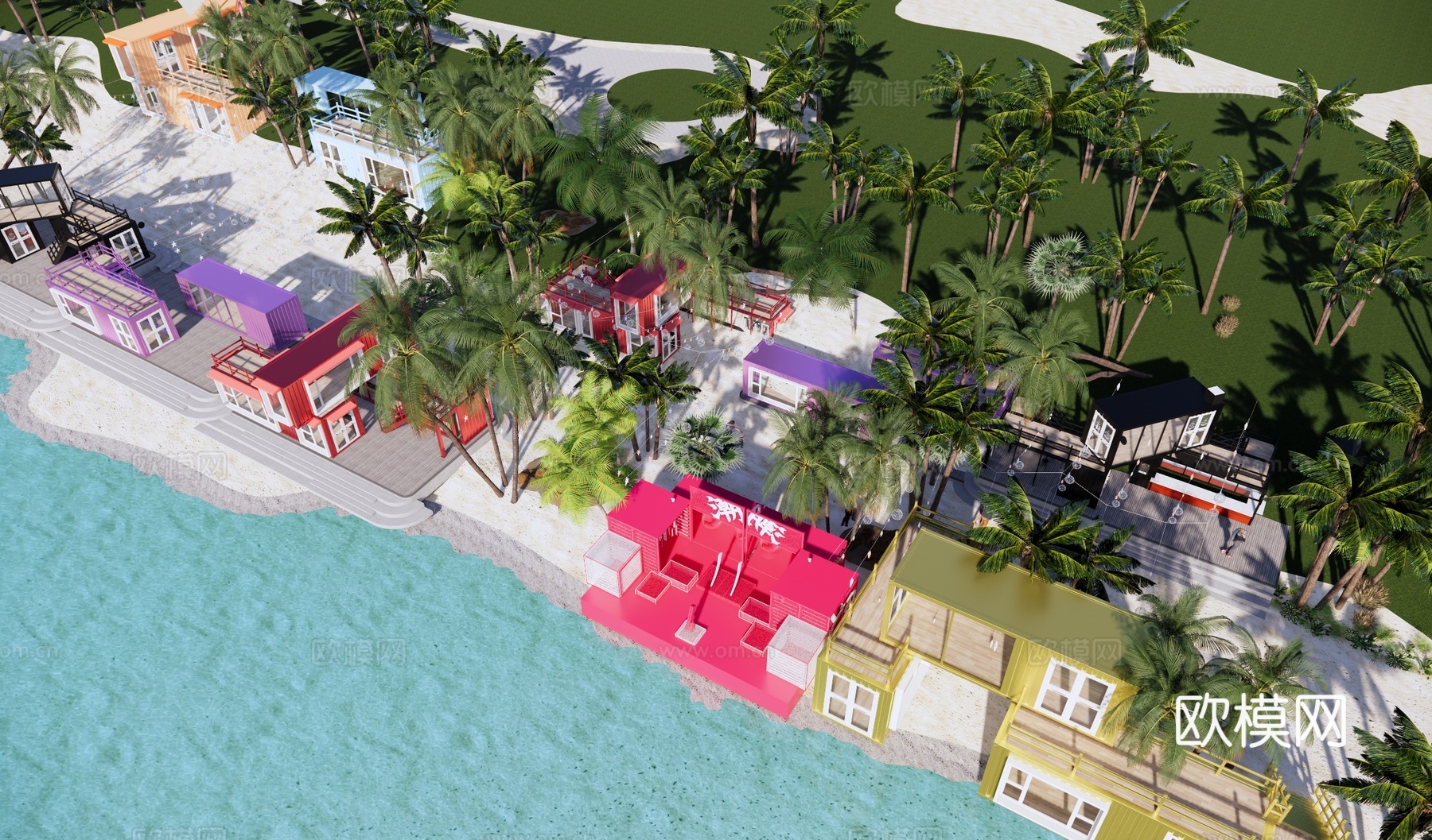 现代滨水景观 滨海沙滩公园 热带风情商业街 集装箱集市 海边su模型