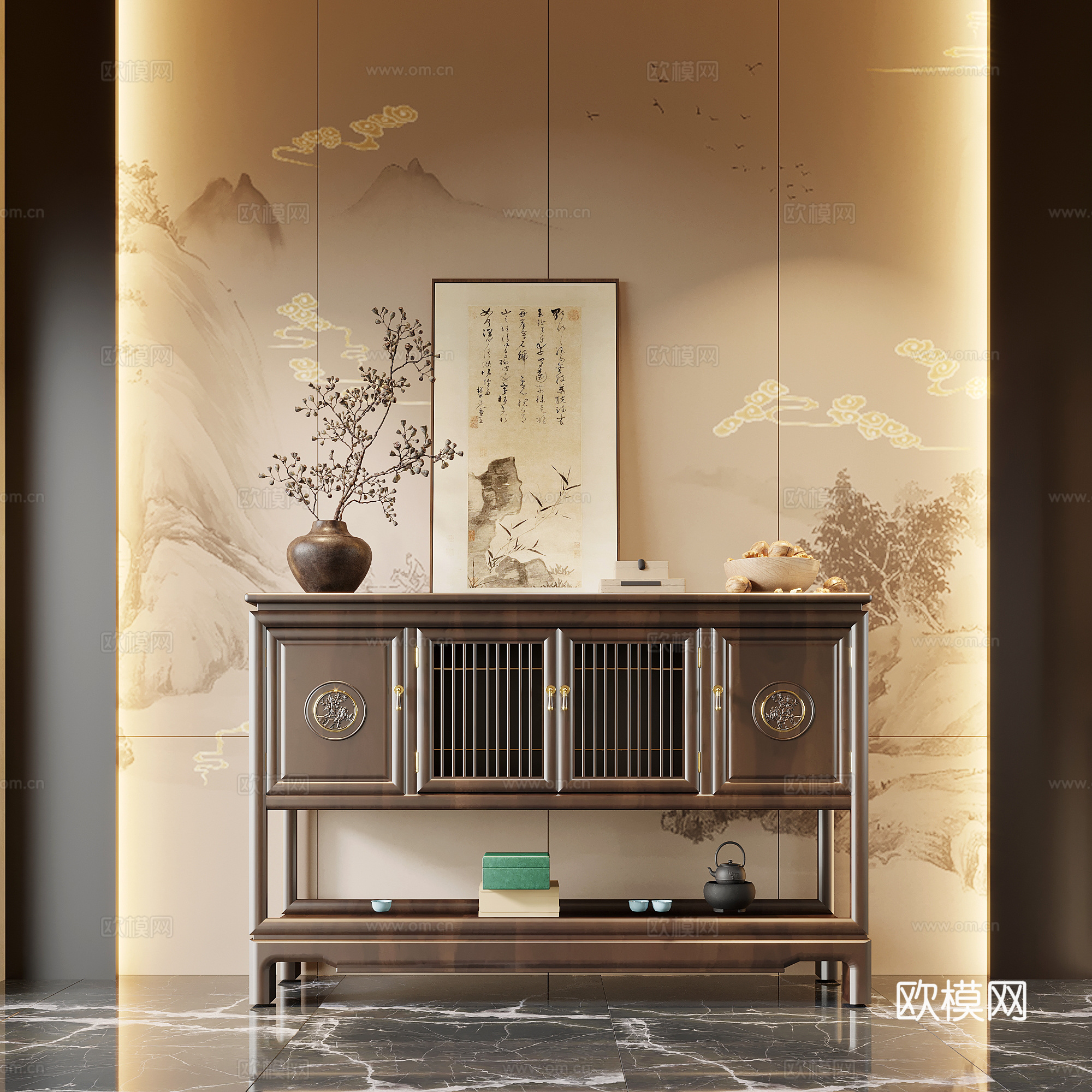 05玄关 新中式玄关 端景柜 玄关柜 盆栽盆景 摆件3d模型