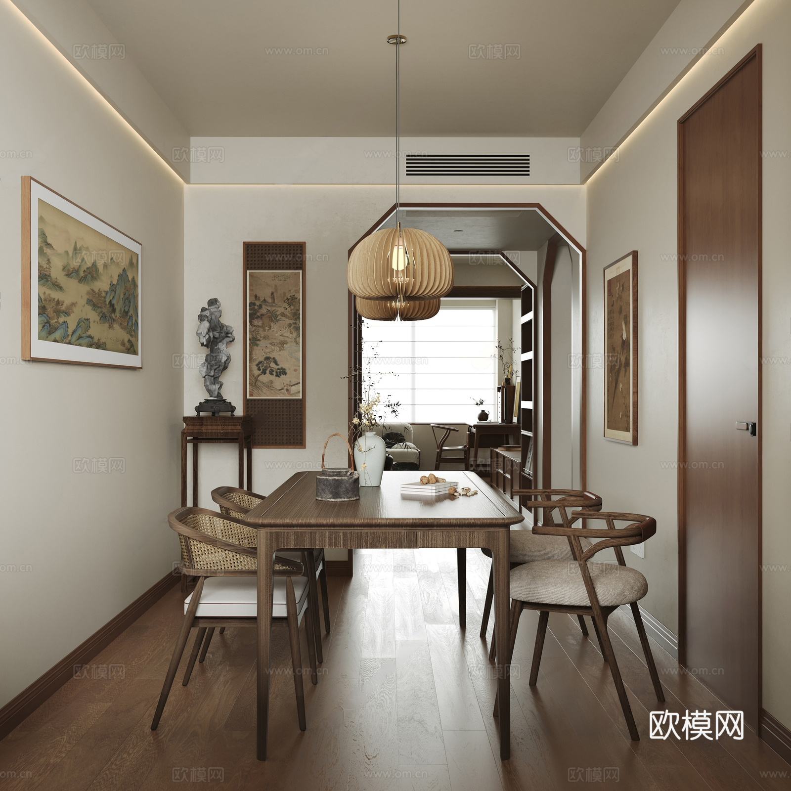 新中式中式家居餐厅 宋氏美学 家居餐厅 餐桌椅组合 餐厅吊灯3d模型