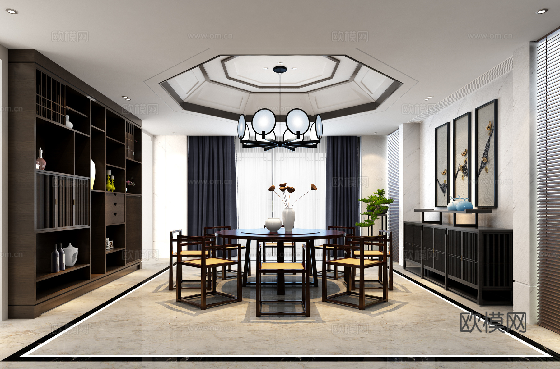 新中式餐厅 餐边柜 吊灯3d模型