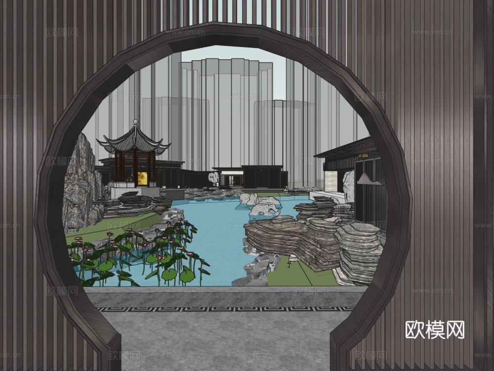 新中式庭院景观su模型下载