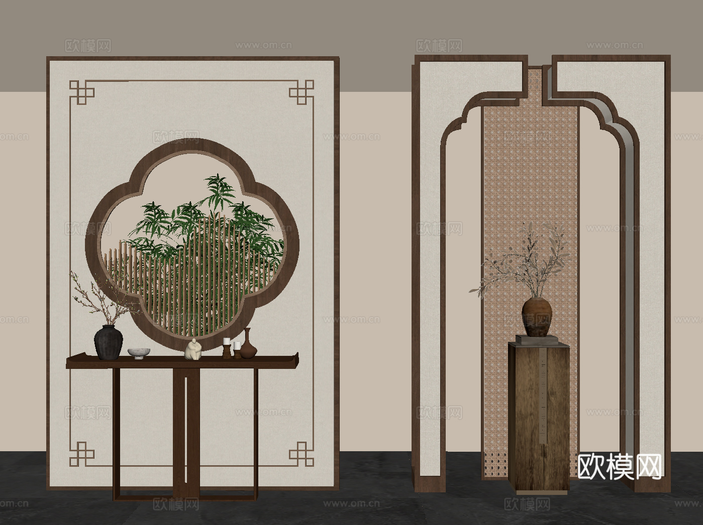 21新中式玄关隔断 端景柜 条案su模型