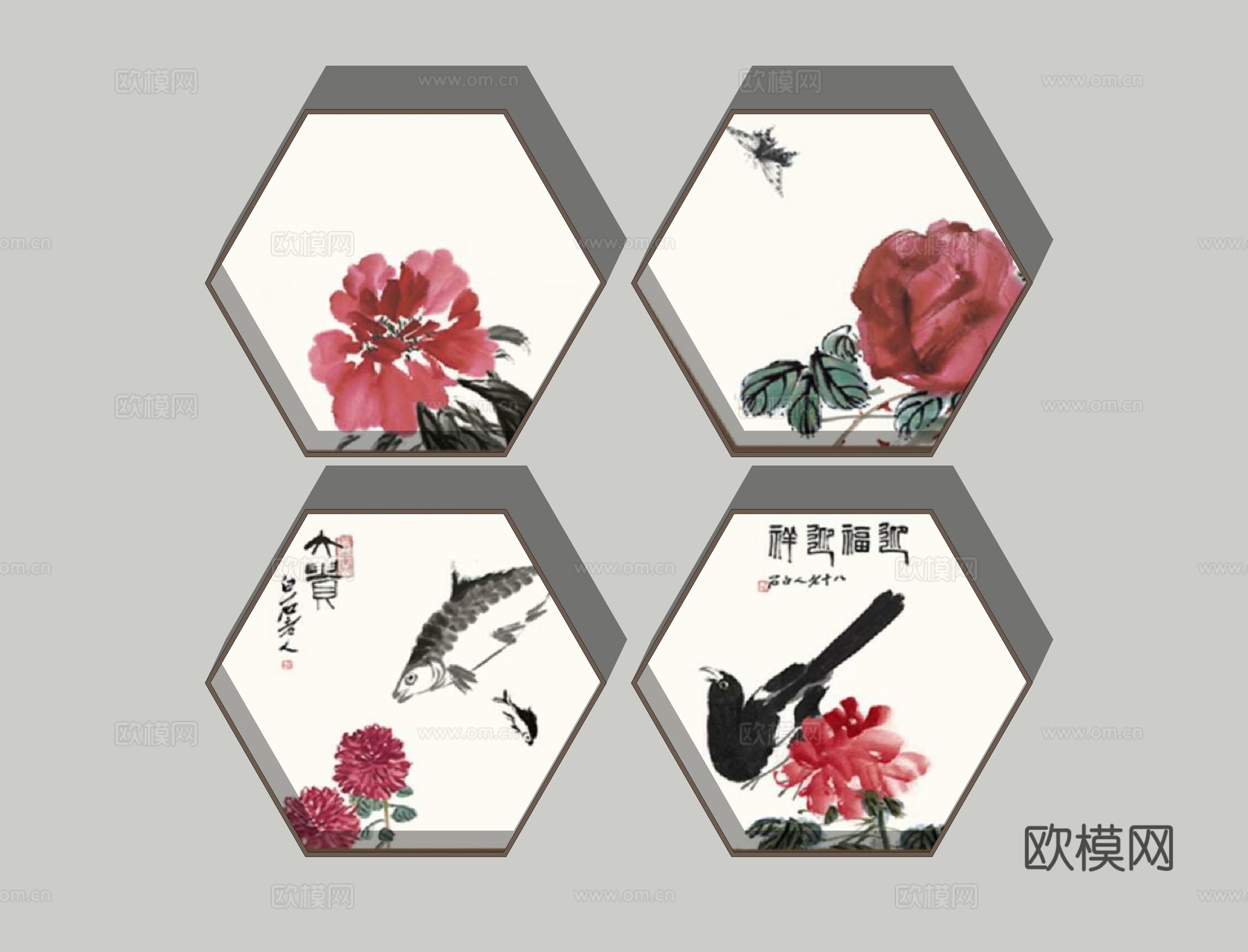 新中式花卉装饰挂画su模型下载