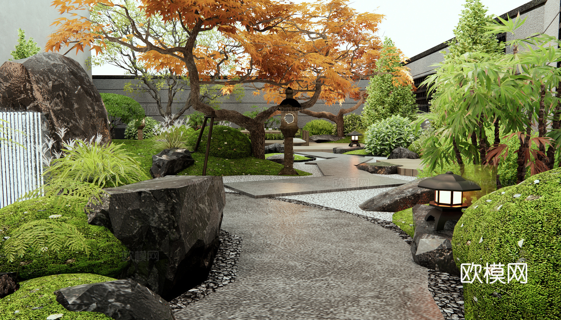 新中式禅意庭院景观 假山水景 灌木 植物造景 景观石头3d模型下载（渲染图2）