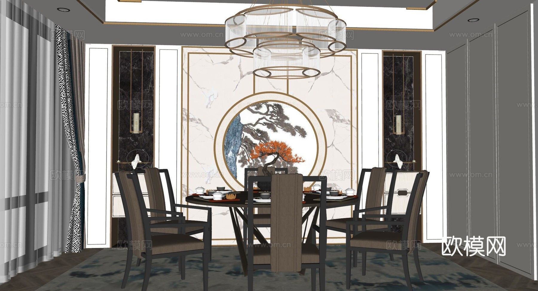 新中式餐厅su模型下载