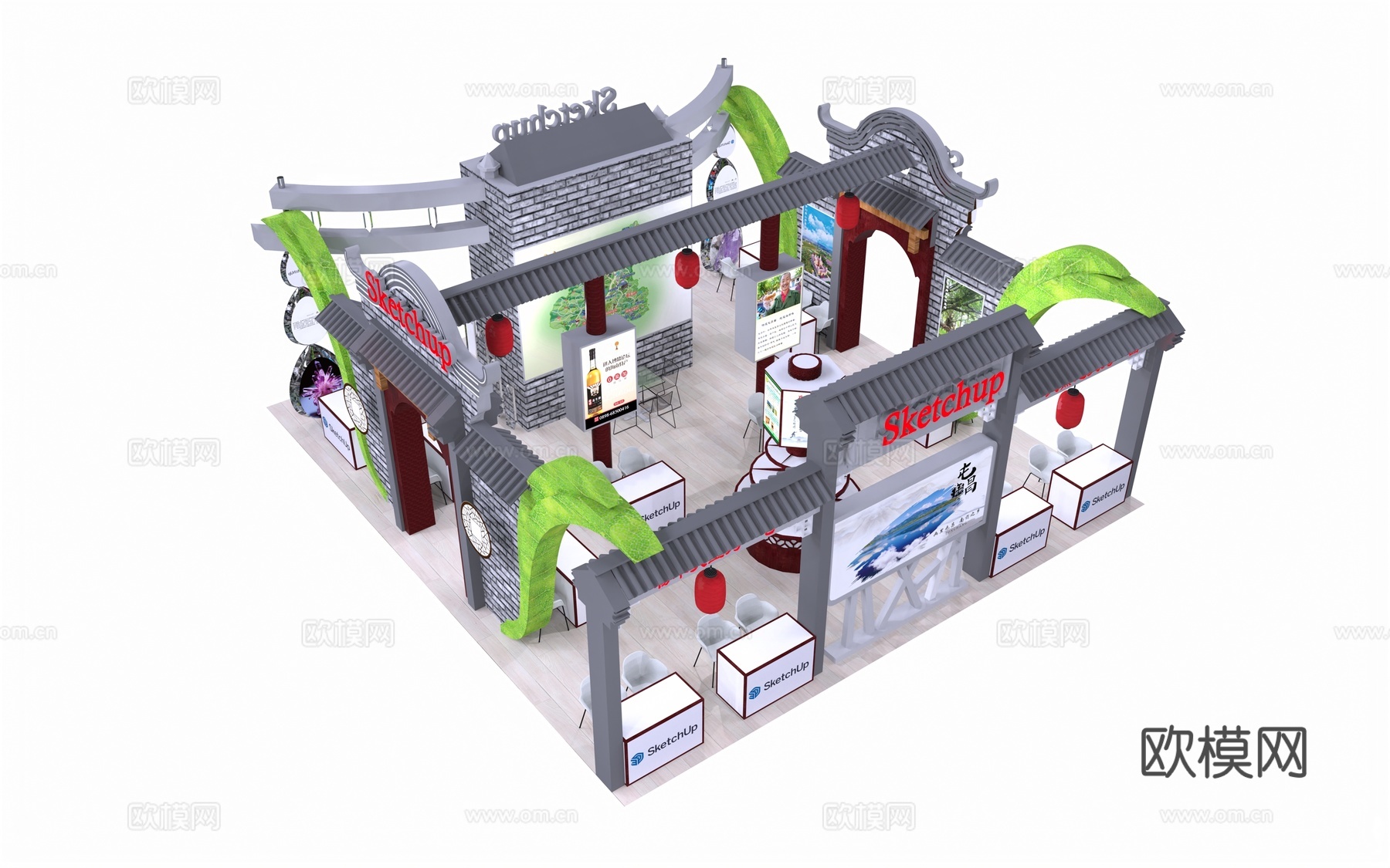 新中式展厅su模型下载