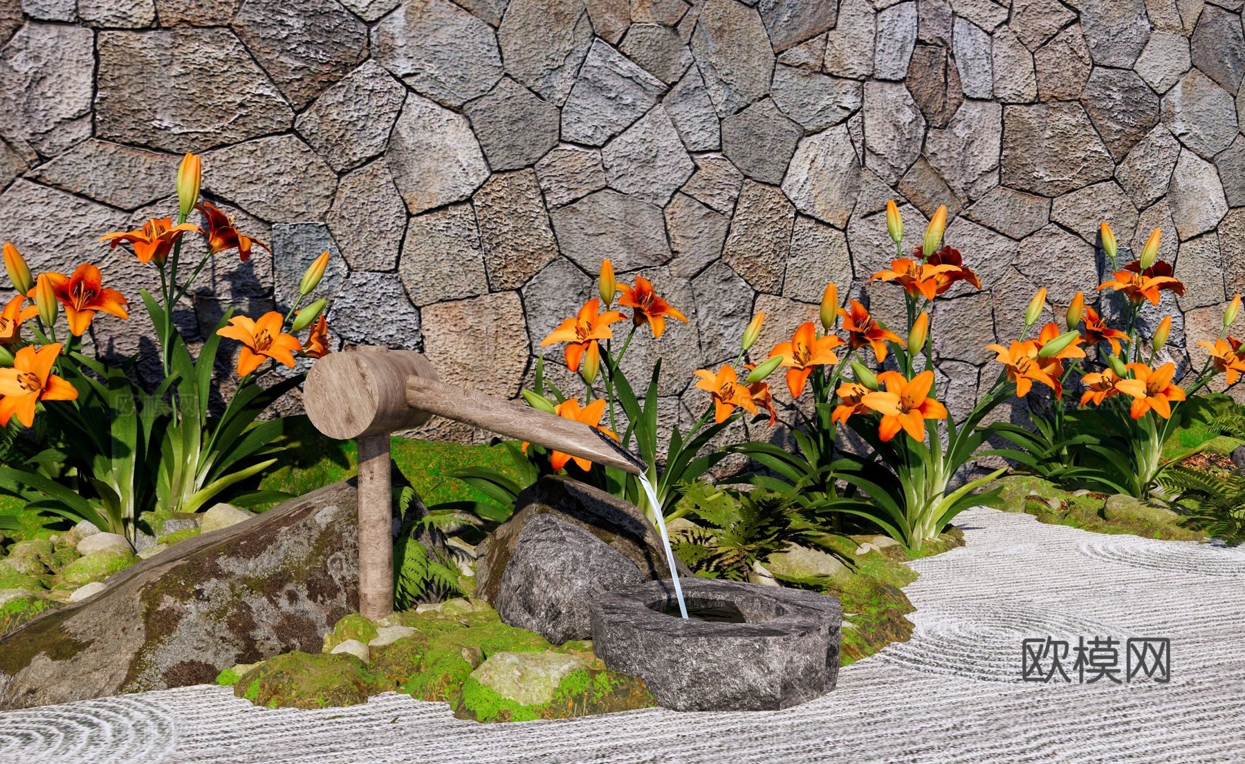 花草 庭院花园植物组合 橙色百合花 花园花境 花卉植物造景su模型