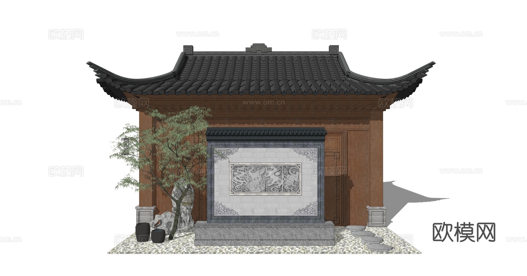 新中式房屋建筑外观su模型下载