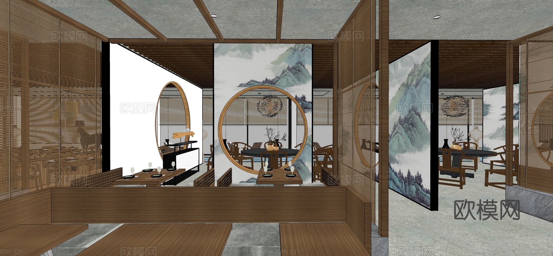 新中式山水禅意餐厅su模型下载