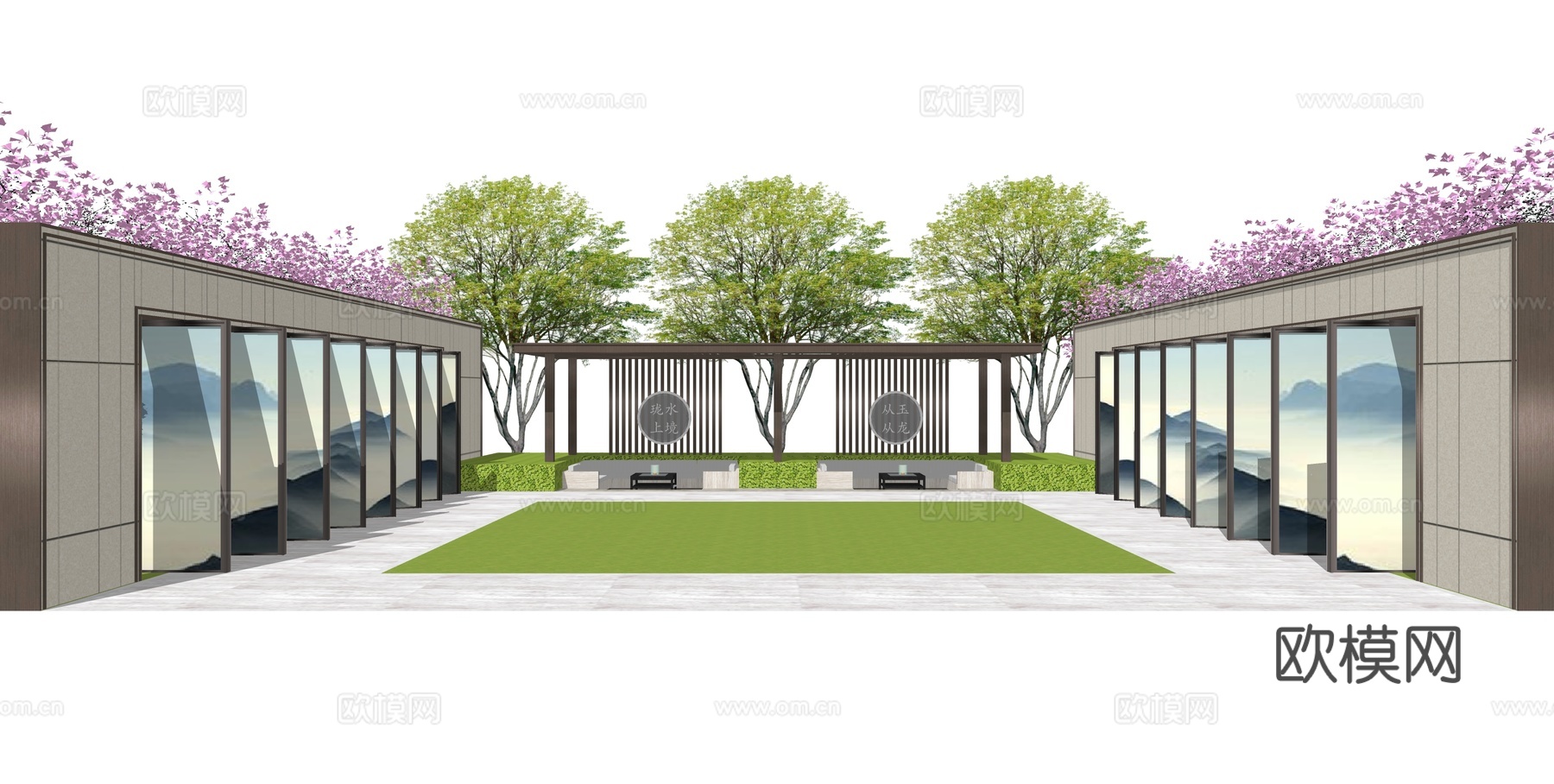 新中式庭院景观su模型下载