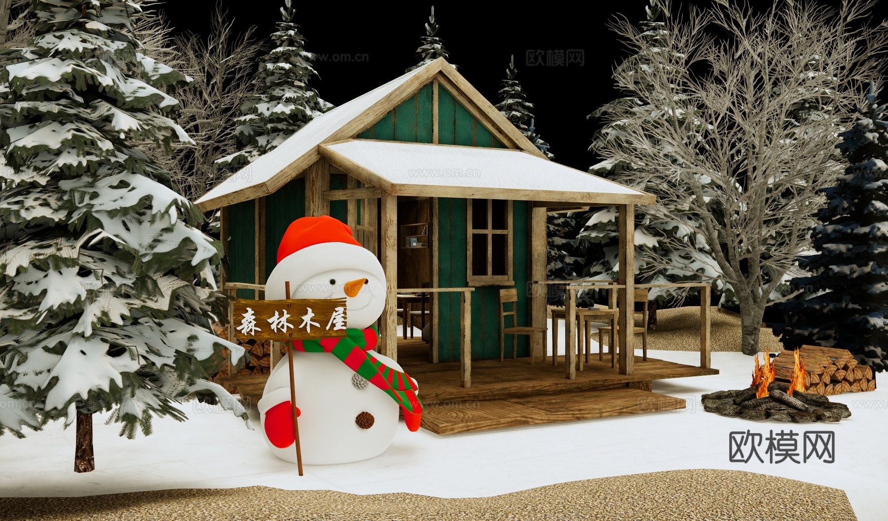 现代木屋 现代雪景木屋别墅 森林雪地景观 雪人堆 雪景木屋民su模型