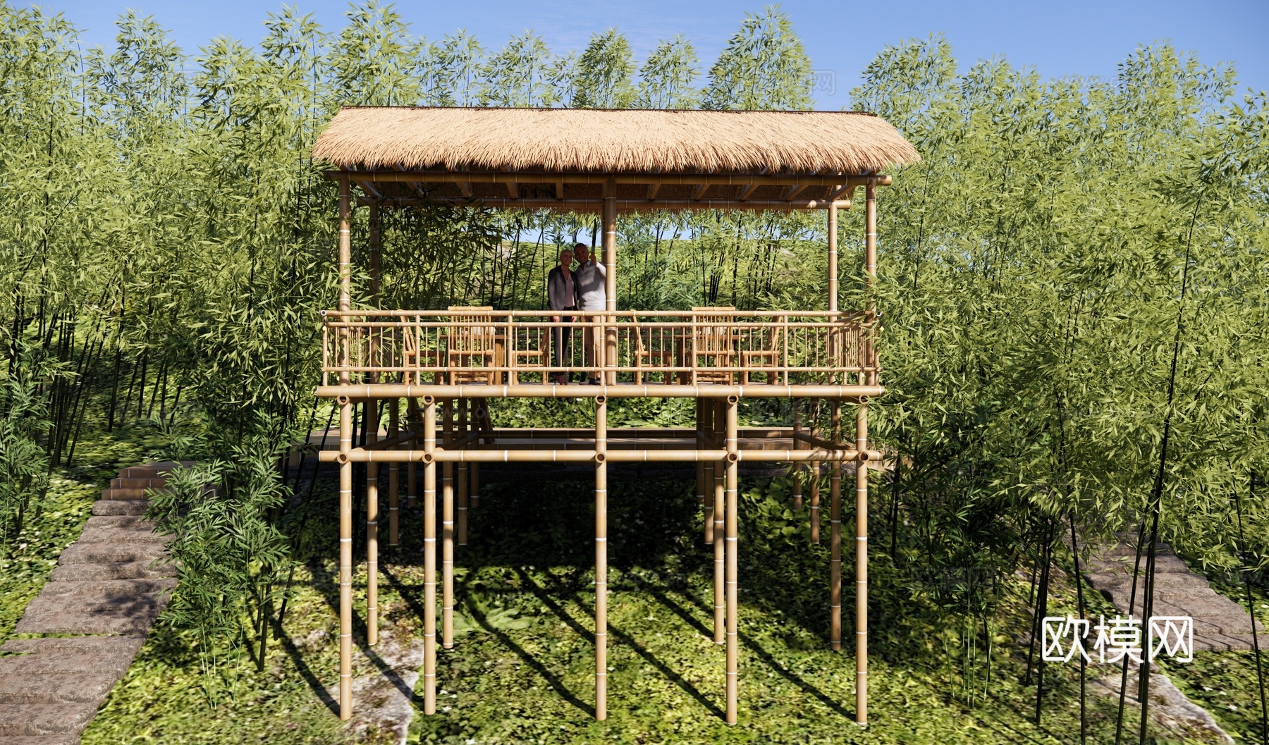 新中式景观公园 新中式竹林公园 竹林茅草屋 山地观景台 竹林su模型