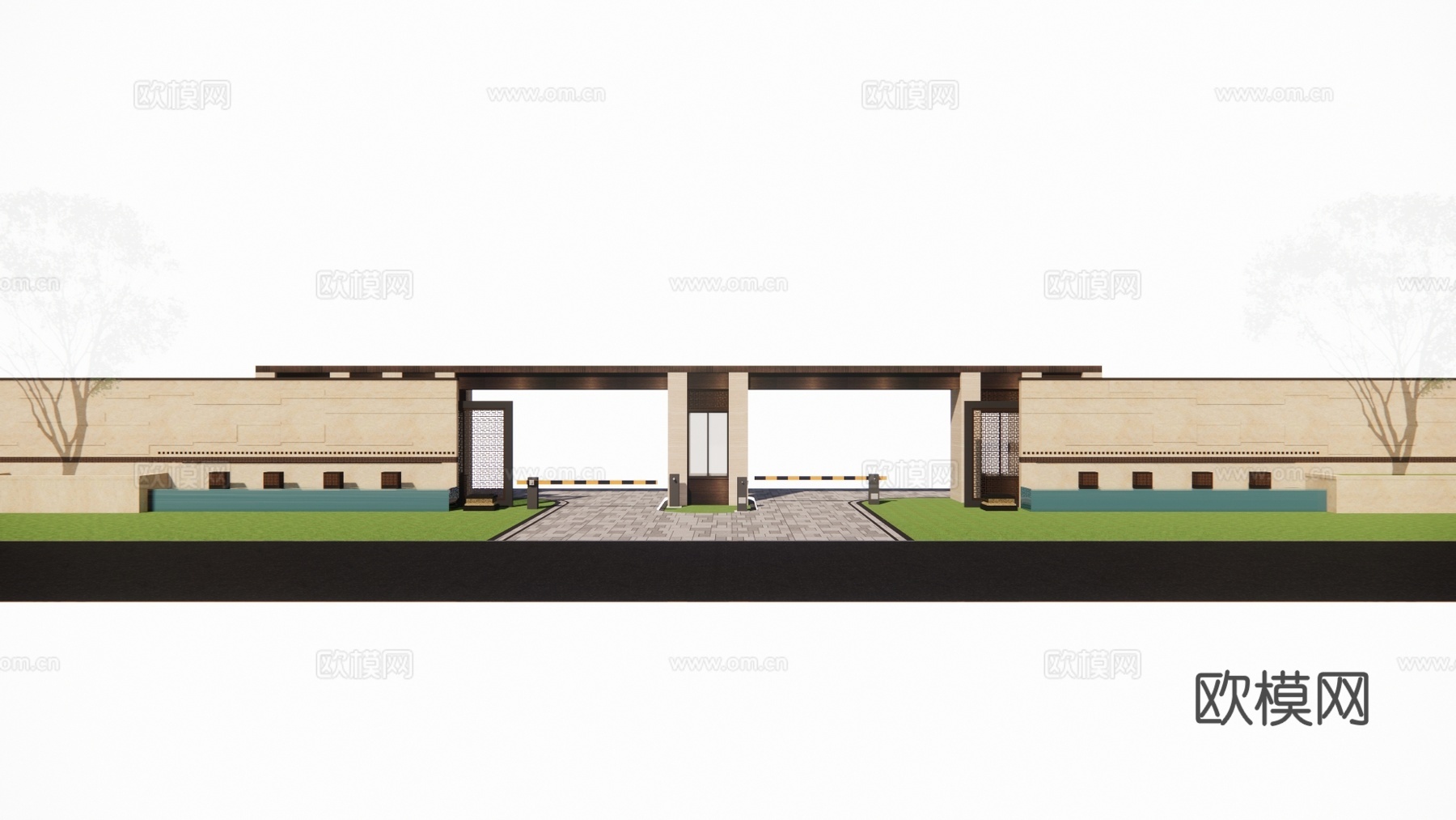 新中式小区大门su模型下载