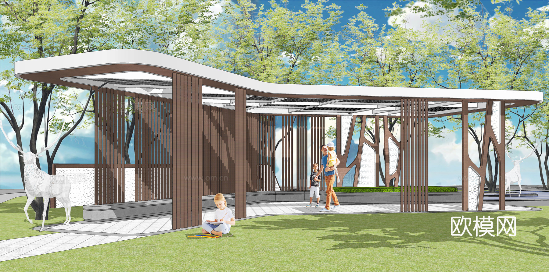 现代住宅小区景观廊架su模型下载