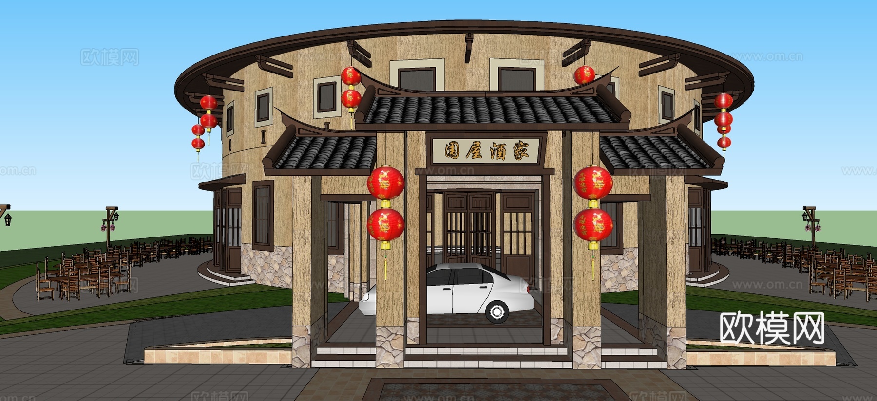 新中式土楼建筑su模型下载