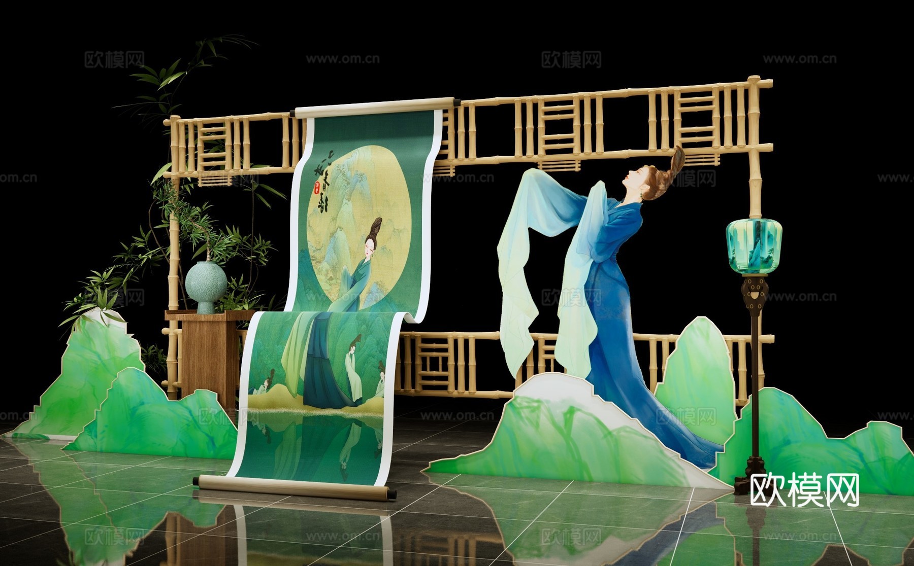 新中式美陈 只此青绿美陈布置 国潮古风美陈 国风舞台美陈展览su模型