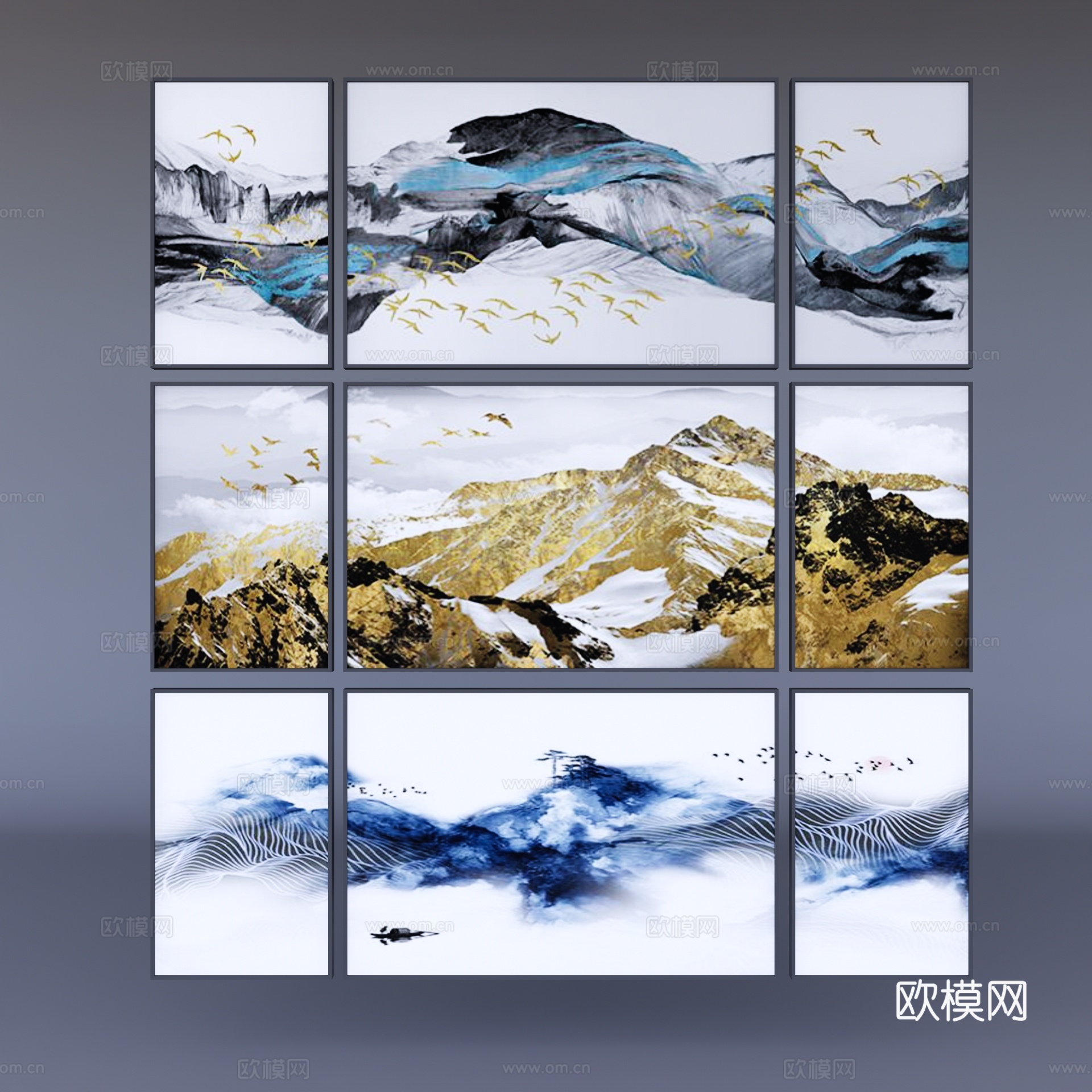 新中式山水装饰挂画su模型下载