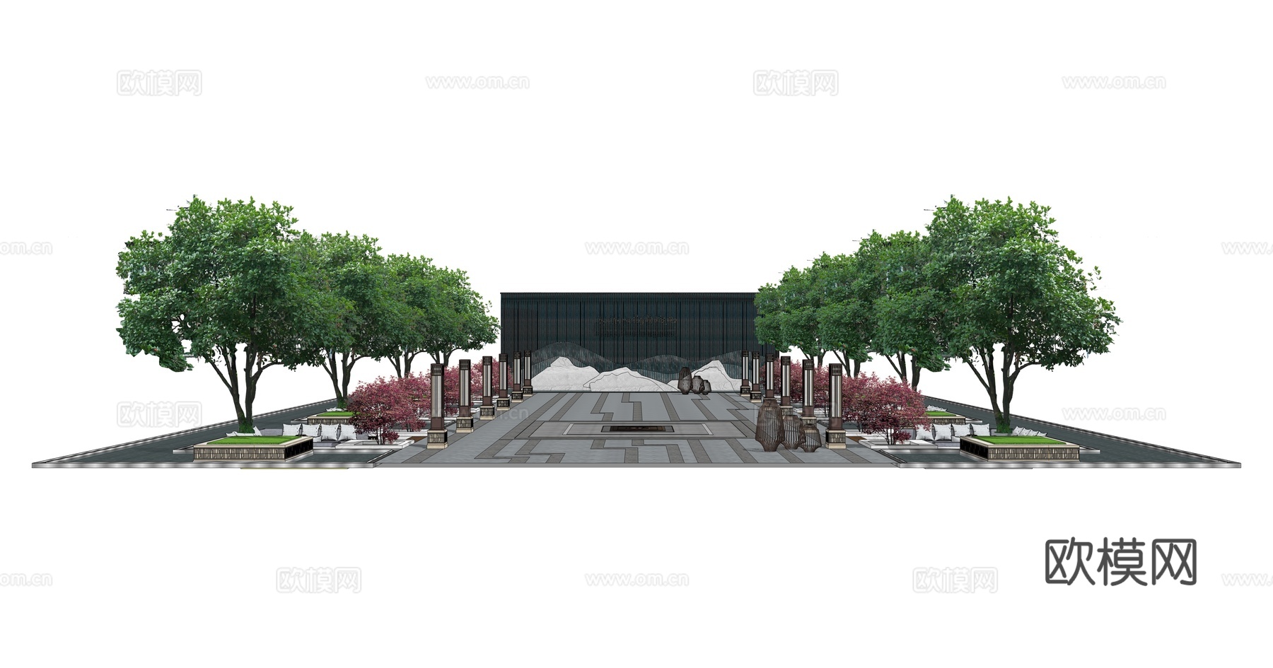 新中式景墙水景小品su模型下载