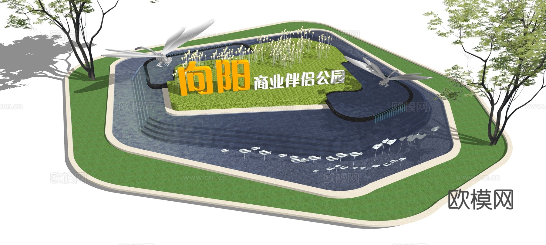 现代水池蜻蜓雕塑小品su模型下载