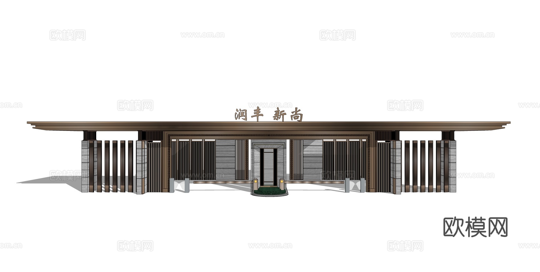 新中式入口大门su模型下载