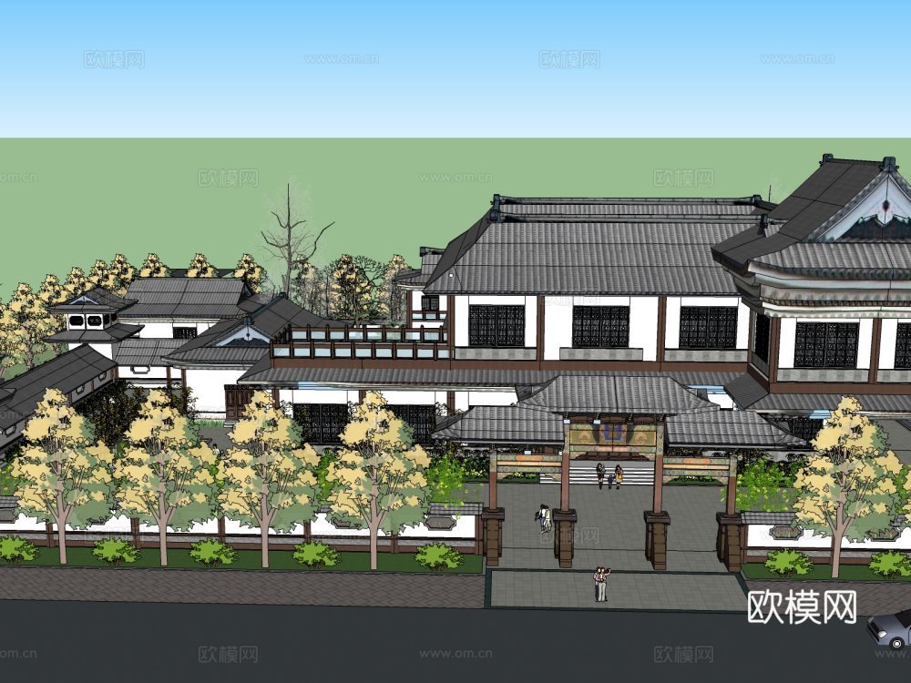 新中式茶楼外观su模型下载