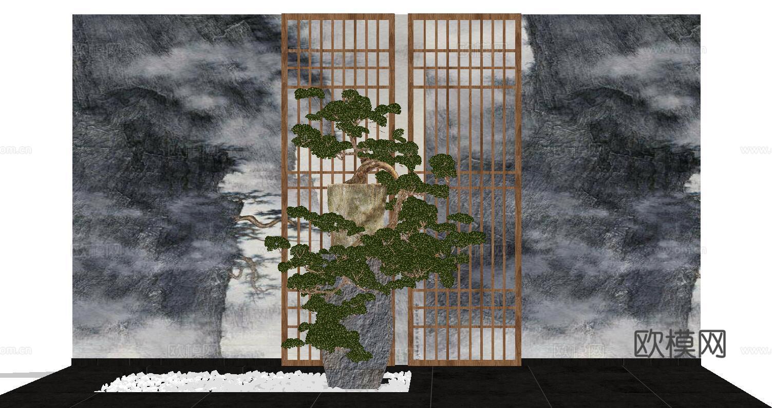 新中式罗汉松盆栽su模型下载