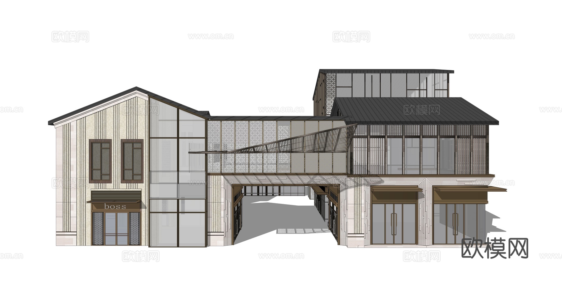 新中式商业建筑外观su模型下载