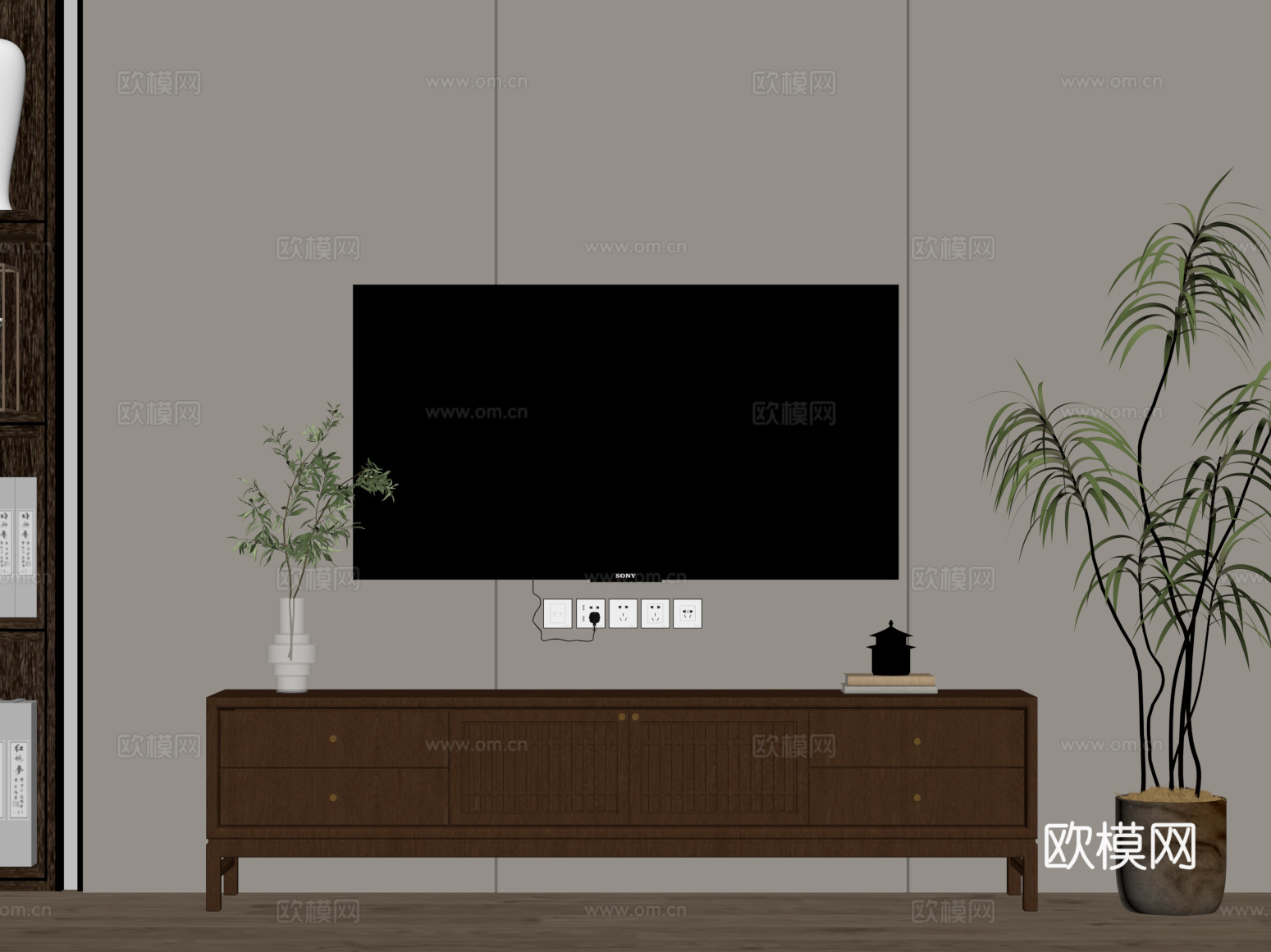 03电视柜 新中式电视柜 饰品摆件 绿植盆栽su模型