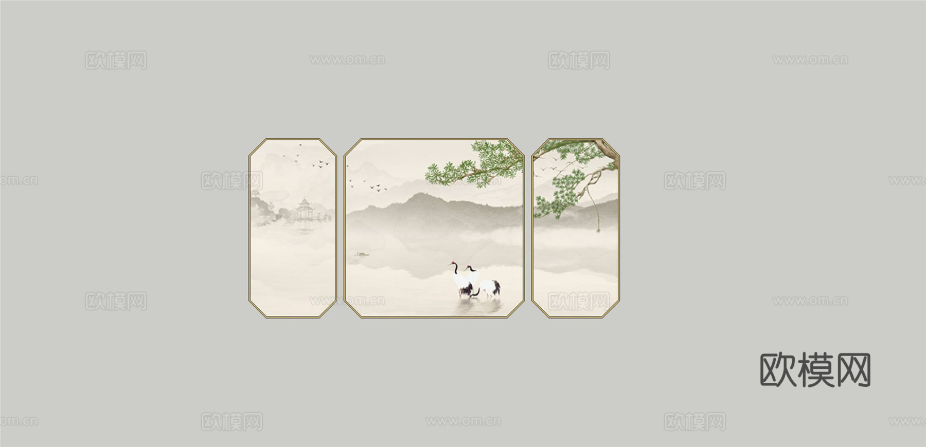 新中式山水装饰挂画su模型下载