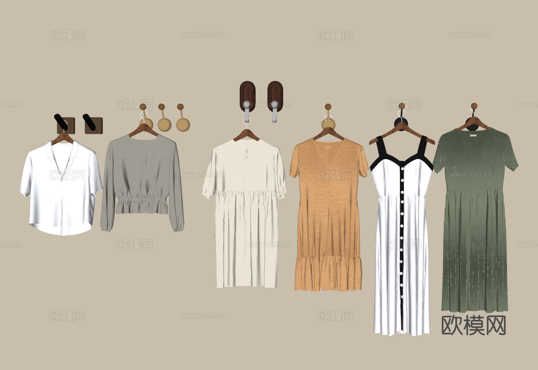 现代 衣服 奶油衣服 挂衣钩 中古挂钩 服饰 上衣 裙子su模型
