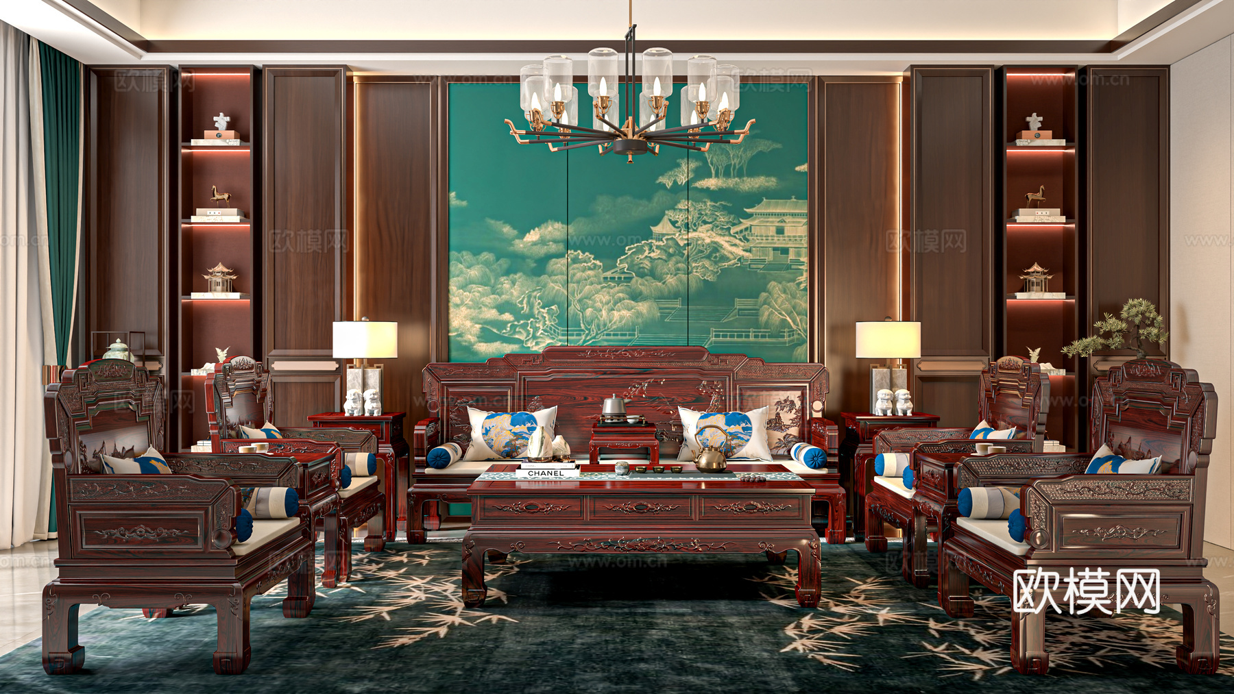 新中式客厅 红木沙发 红木家具组合 巧夺天工红木家具 中式客3d模型