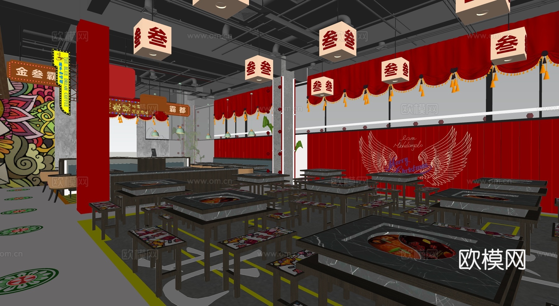 新中式火锅店su模型下载