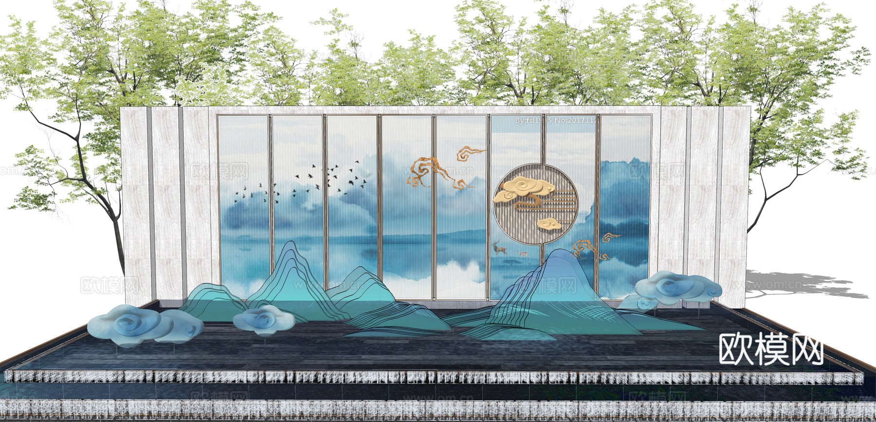 新中式水池景观墙su模型下载