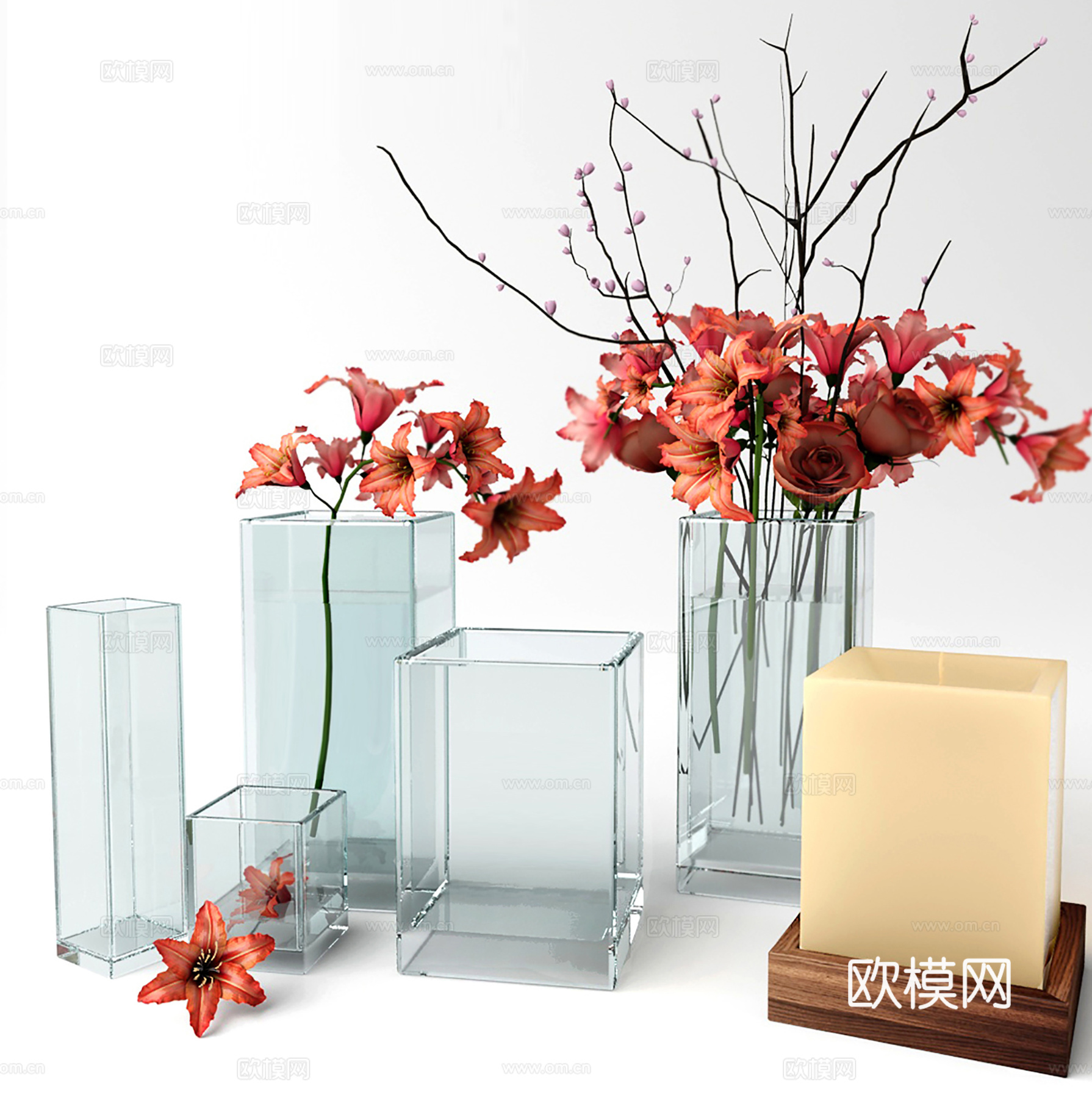 现代花瓶花艺  玻璃插花组合3d模型